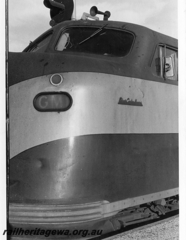 P13108
2 of 3 views of the nose of Commonwealth Railways (CR) loco GM class 1 in original paint scheme showing the name of the loco 