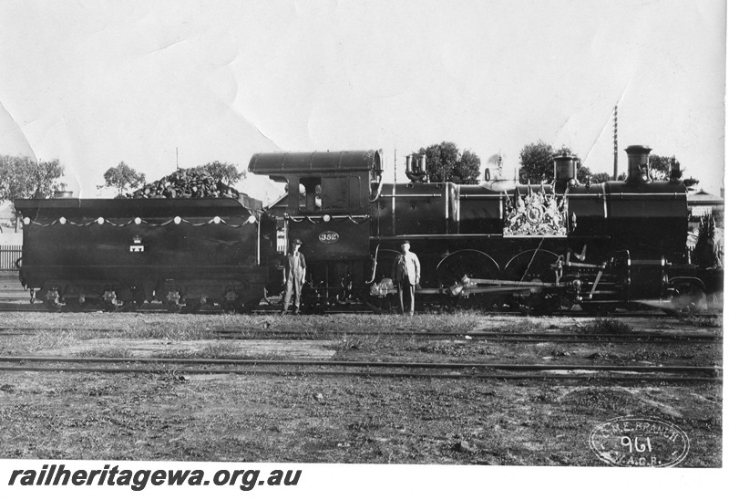 P13111
E Class 352, East Perth Loco depot, side view, decorated for the visit of the Duke and Duchess of York and hauled the royal train from Perth to Pinjarra and return on the 19th of May, 1927.
