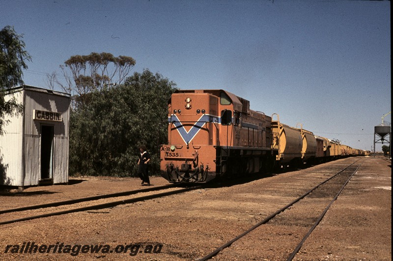 P13138
AB class 1535, Out of Shed with nameboard, Gabbin, WLB line, front and side view, wheat train
