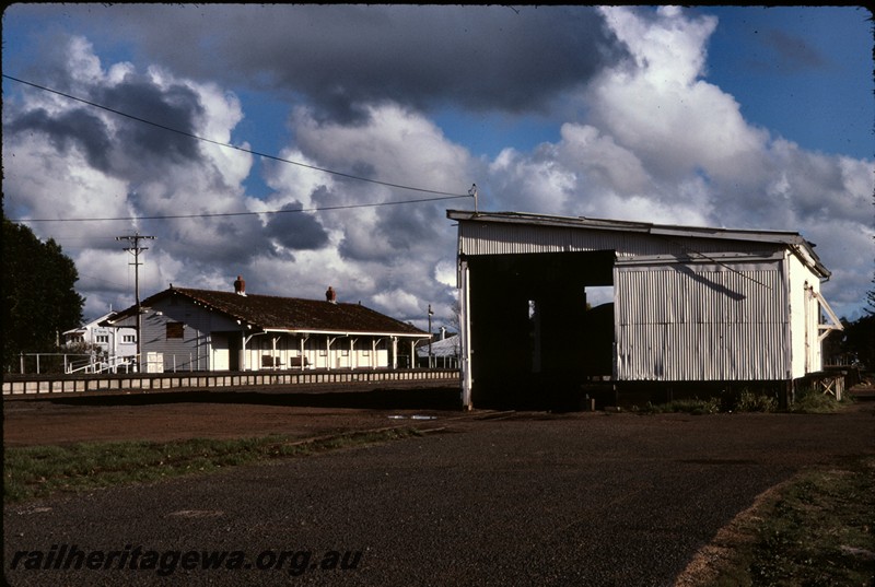 P13149
Station building, goods shed, Harvey, SWR line, end view of goods shed
