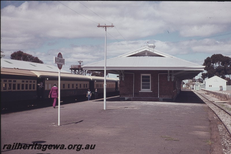 P13157
Station building, nameboard, Katanning, GSR line, view along the platform, ARHS 