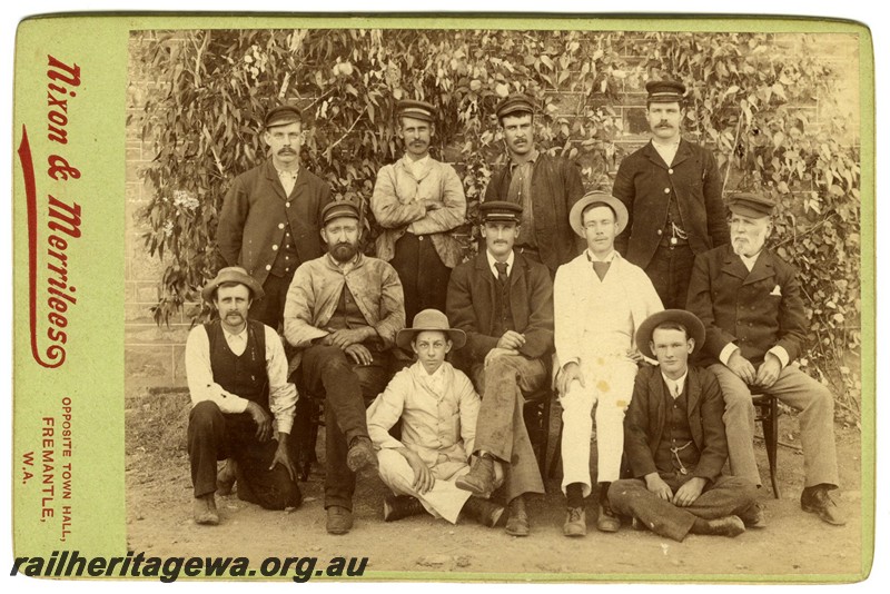 P13176
Group photo of railway employees, porter Ernst Ford right hand end of the back row. Ernst Ford was only ever employed as a porter at Beverley, from 23rd August 1893 until 26th February 1895
