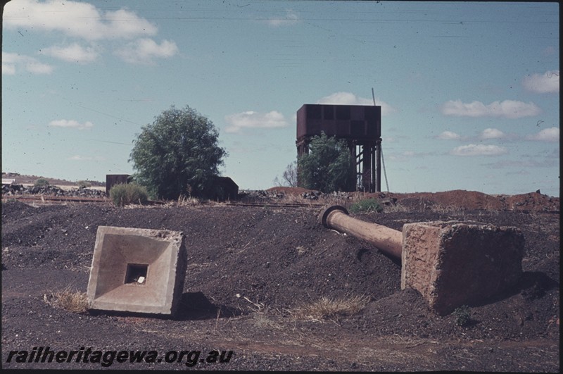 P13179
Water tower, water column and drain sump uprooted and lying on the ground, Menzies, KL line..
