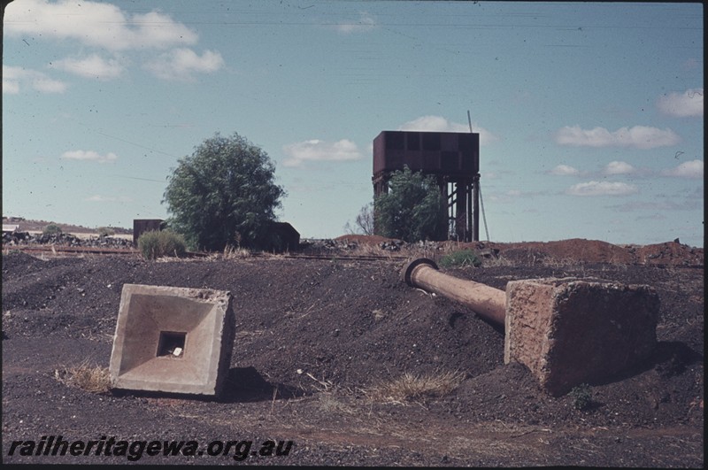 P13179
Water tower, water column and drain sump uprooted and lying on the ground, Menzies, KL line..
