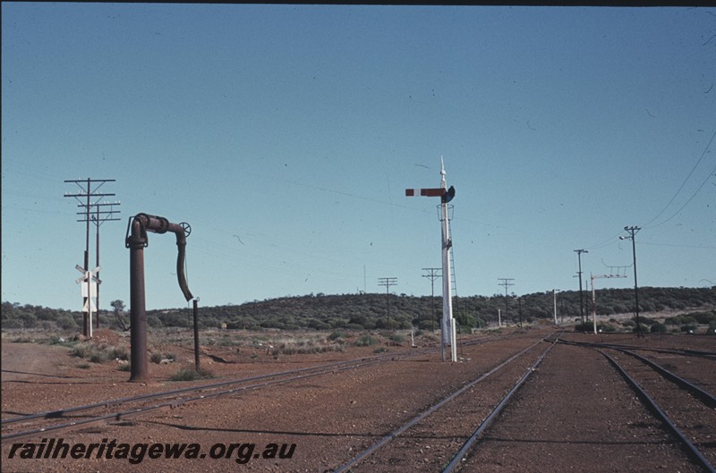 P13200
Water column, signal, yard, Mullewa, NR line, water column is of the old style, view along the yard.
