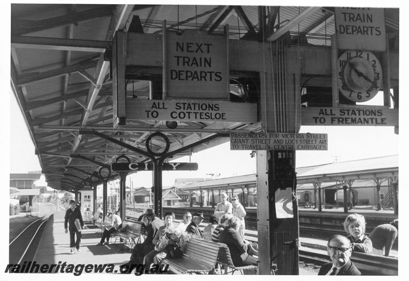 P13221
10 of 23 views of the destination boards on the platforms of Perth Station. These boards were removed on 4th and 5th of December, 1982. 
