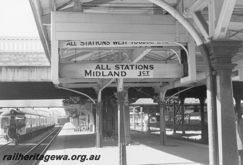 P13233
22 of 23 views of the destination boards on the platforms of Perth Station. These boards were removed on 4th and 5th of December, 1982. 
