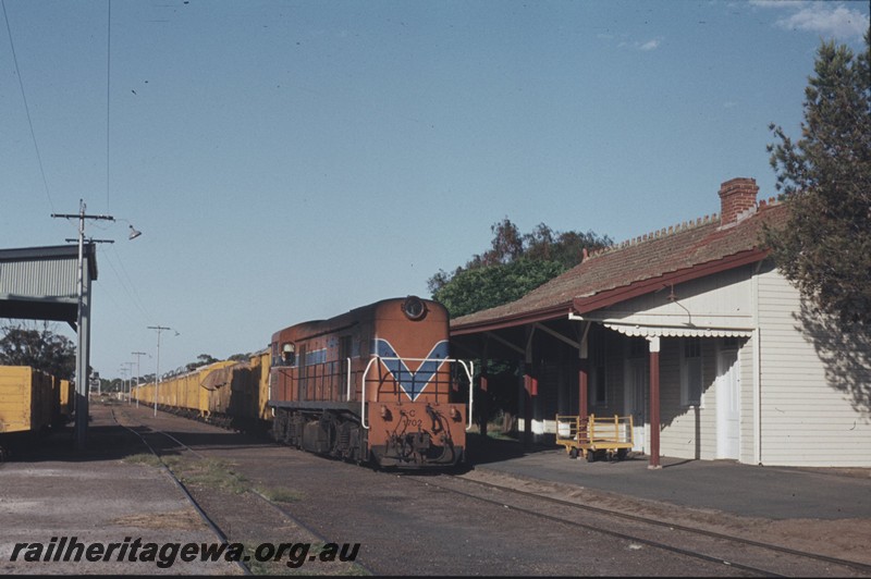 P13302
C class 1702, station building, Quairading, YB line, wheat train.
