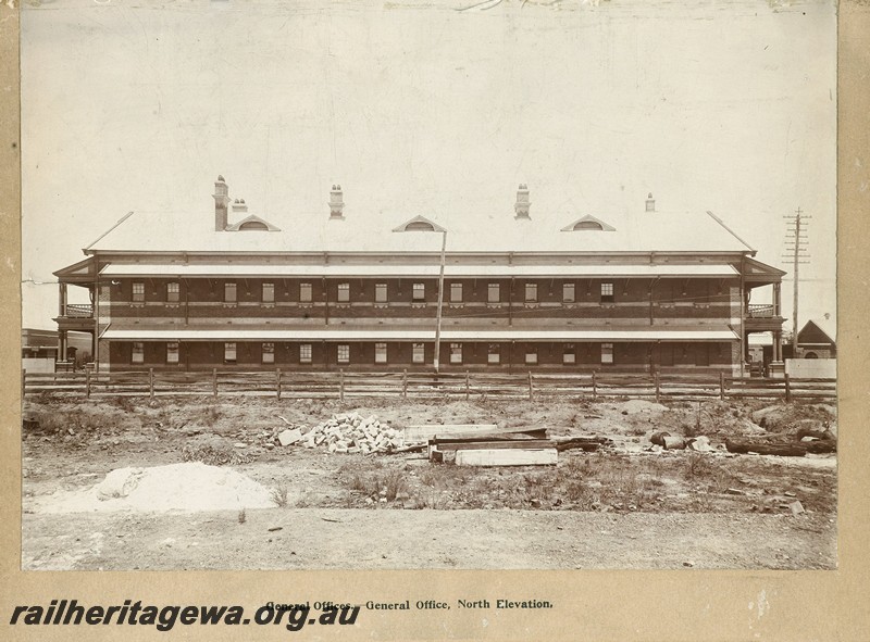 P13357
1 of 67 views taken from an album of photos of the Midland Workshops c1905. General Offices - General Office, North elevation.
