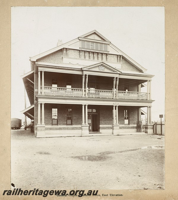 P13358
2 of 67 views taken from an album of photos of the Midland Workshops c1905.General Offices - General Office East elevation.
