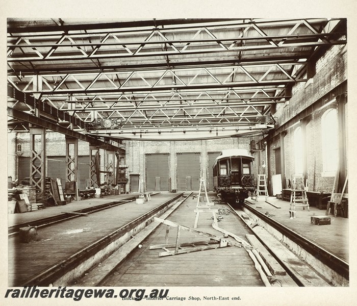 P13362
6 of 67 views taken from an album of photos of the Midland Workshops c1905. Block one, - Interior Carriage Shop, North East End.
