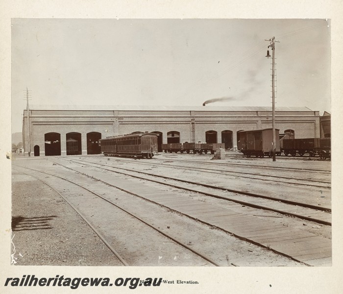 P13363
7 of 67 views taken from an album of photos of the Midland Workshops c1905. Block one, - West Elevation.
