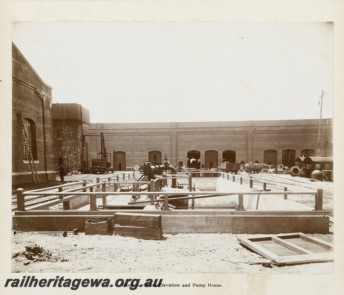 P13376
20 of 67 views taken from an album of photos of the Midland Workshops c1905. Block three, - West Elevation, Pump House.
