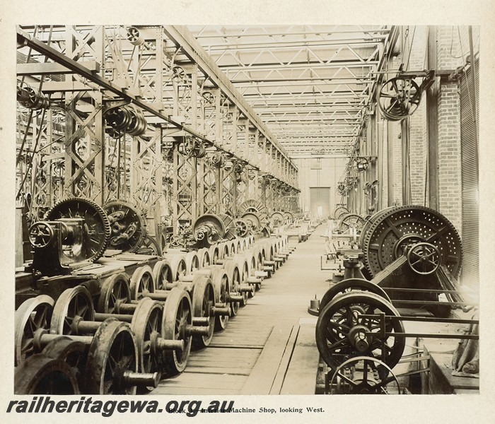 P13379
23 of 67 views taken from an album of photos of the Midland Workshops c1905. Block Three, - Interior Machine Shop, Looking West.
