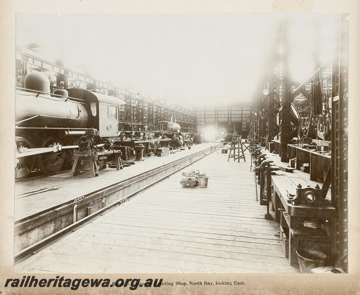 P13386
30 of 67 views taken from an album of photos of the Midland Workshops c1905. Block Three, - Interior erecting Shop, North Bay, Looking East.
