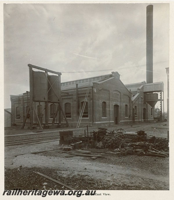 P13388
32 of 67 views taken from an album of photos of the Midland Workshops c1905. Power House, - North East View.
