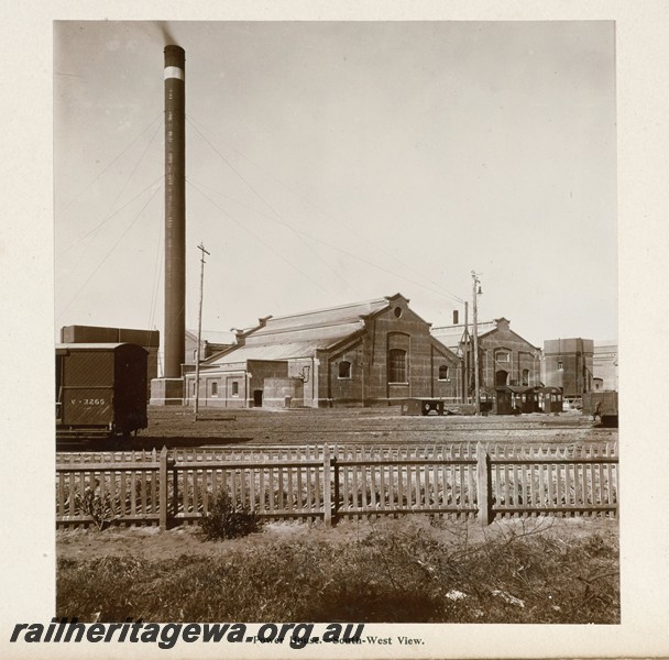 P13389
33 of 67 views taken from an album of photos of the Midland Workshops c1905. Power House, - South West View. End of the side of V class 3265 van in the foreground
