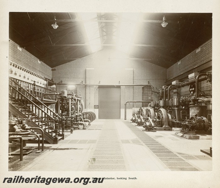 P13390
34 of 67 views taken from an album of photos of the Midland Workshops c1905. Power House, - Interior, Looking South.
