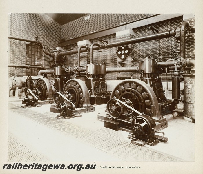 P13394
38 of 67 views taken from an album of photos of the Midland Workshops c1905. Power House, - Interior, South West Angle, Generators.
