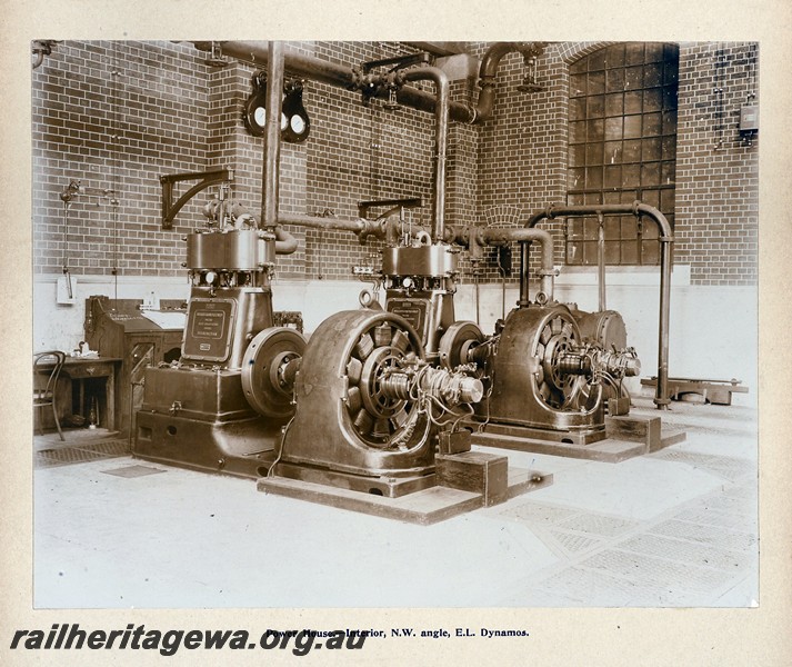 P13395
39 of 67 views taken from an album of photos of the Midland Workshops c1905. Power house, - Interior, NW angle, E.L. Dynamos
