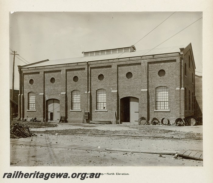 P13401
45 of 67 views taken from an album of photos of the Midland Workshops c1905. Pattern Shop, - North elevation.
