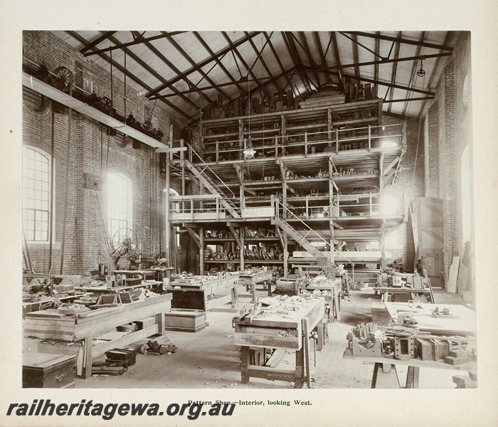 P13402
46 of 67 views taken from an album of photos of the Midland Workshops c1905. Pattern Shop, - Interior, Looking west.
