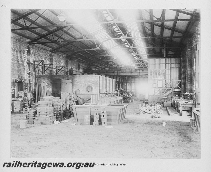 P13405
49 of 67 views taken from an album of photos of the Midland Workshops c1905. Foundry,- Interior, Looking west.
