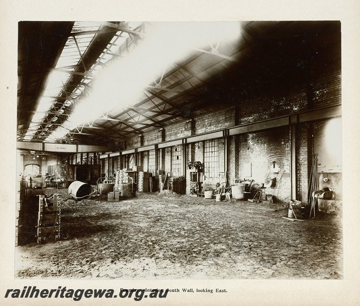 P13406
50 of 67 views taken from an album of photos of the Midland Workshops c1905. Foundry,- Interior, South Wall, Looking East.
