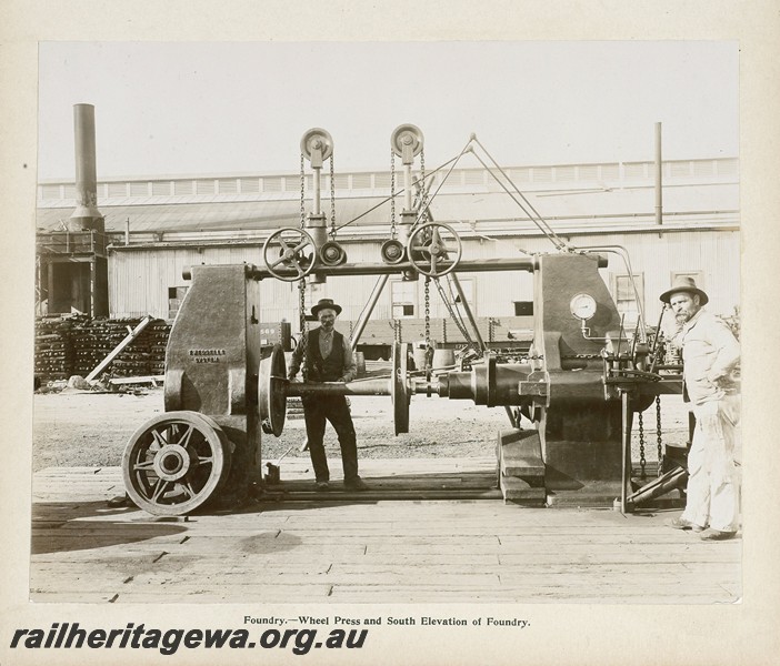 P13407
51 of 67 views taken from an album of photos of the Midland Workshops c1905. Foundry, - Wheel press, South Elevation of Foundry.
