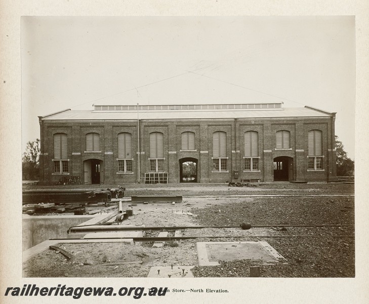 P13412
56 of 67 views taken from an album of photos of the Midland Workshops c1905. Tarpaulin Store, - North Elevation.
