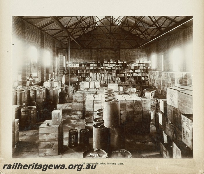 P13415
59 of 67 views taken from an album of photos of the Midland Workshops c1905. Oil Store, - Interior, Looking East.

