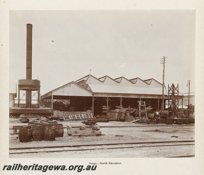 P13417
61 of 67 views taken from an album of photos of the Midland Workshops c1905. Forge, - North Elevation.
