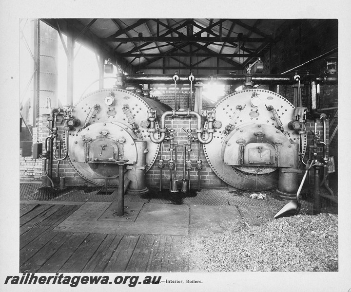 P13419
63 of 67 views taken from an album of photos of the Midland Workshops c1905. Forge, - Interior, Boilers.
