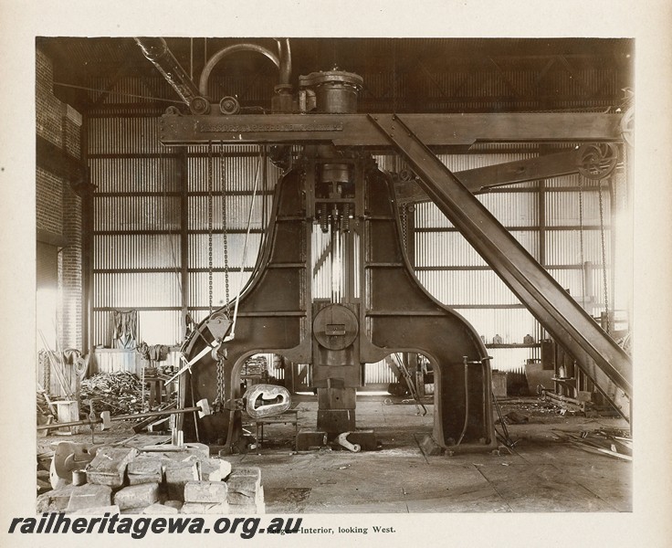 P13420
64 of 67 views taken from an album of photos of the Midland Workshops c1905. Forge, - Interior, Looking west.
