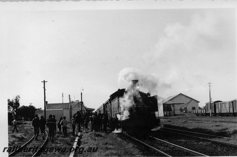 P13481
DD class 596, station buildings, goods shed and platform crane, Pinjarra, SWR line, ARHS tour train to Isandra, overall view across the yard
