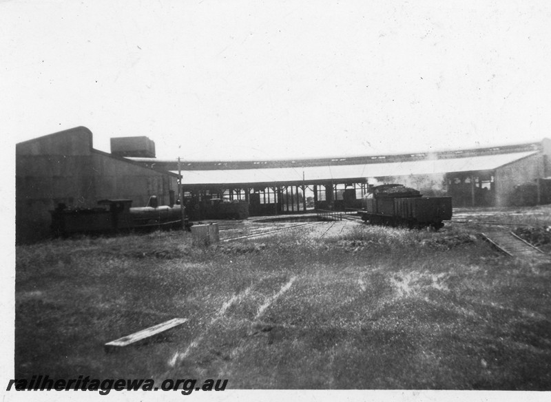 P13536
Roundhouse, Bunbury, view looking across the turntable into the building.
