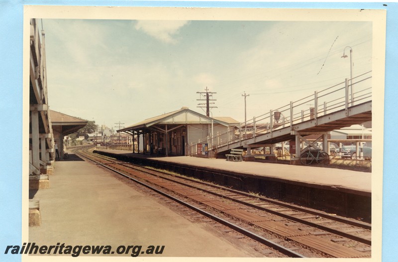 P13589
Station buildings, footbridges, East Perth, view along the tracks from the main platform.
