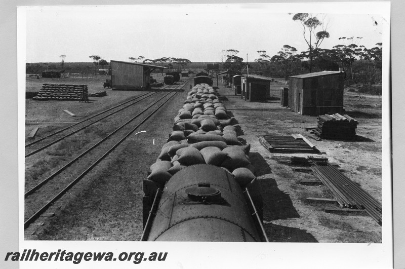 P13601
Wagons loaded with bags, station buildings, goods shed, Salmon Gums, CE line, view along the train
