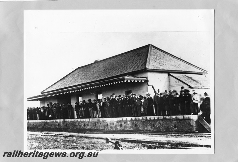 P13629
Station building, Northampton, GA line, crowd on the platform awaiting the first train on the opening of the line
