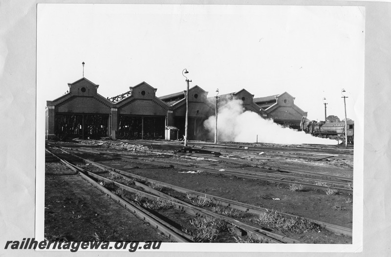 P13644
Engine sheds, east Perth Loco Depot, south facade, in early stage of demolition.
