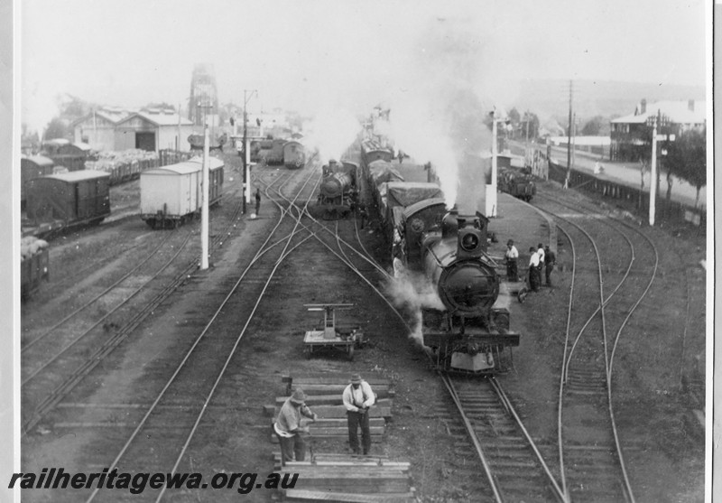 P13669
Northam station yard, elevated overall view from the footbridge of the east end of the yard looking west
