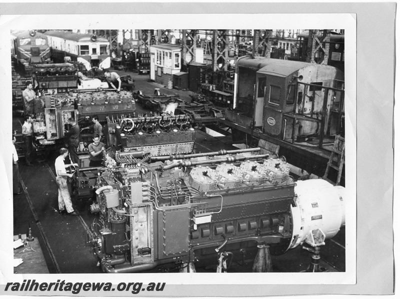 P13715
Y class 1105 dismantled, lines of diesel engines, diesel Shop, Midland Workshops, elevated view over the shop floor.

