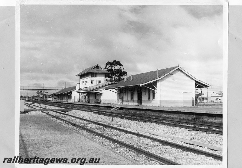 P13723
Station buildings, signal box, Merredin, EGR line, west end and north side view.
