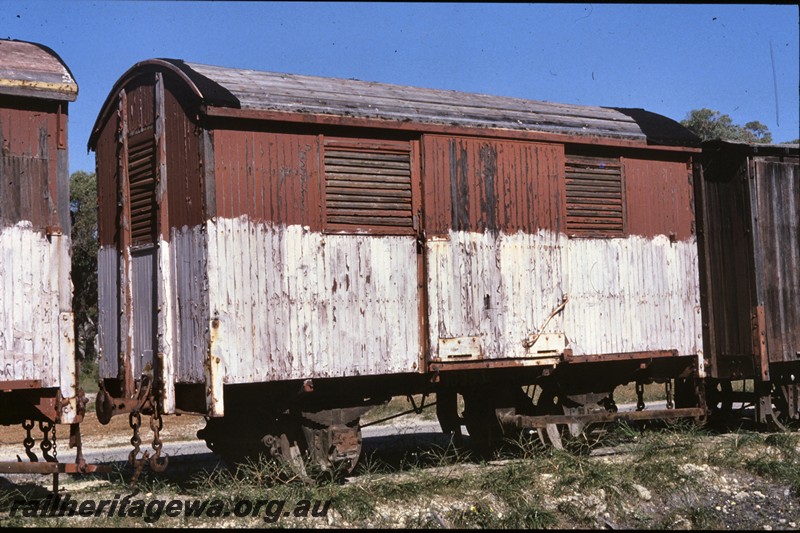 P13773
5 of 9 views of the abandoned and derelict D class, DA class and DE class vans at the Woodman Point munitions depot, DA class van, end and side view.
