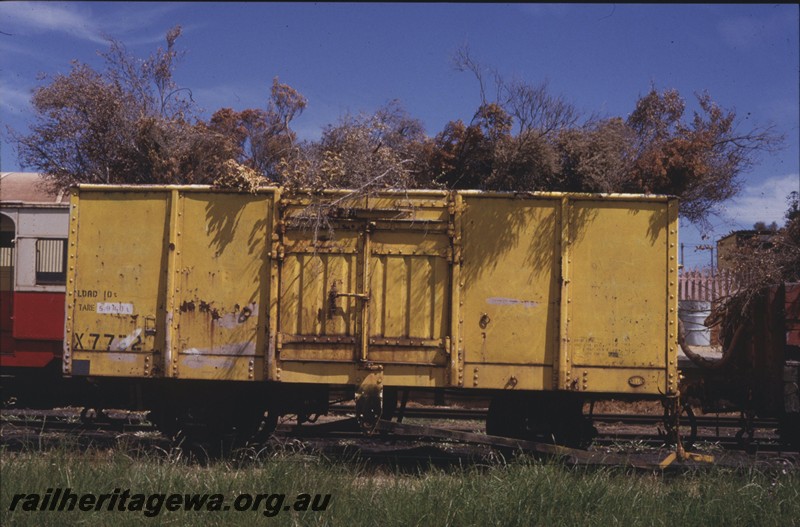 P13785
X class 7732 four wheel wagon in the ownership of the Bellarine Tourist Railway, yellow livery, side view
