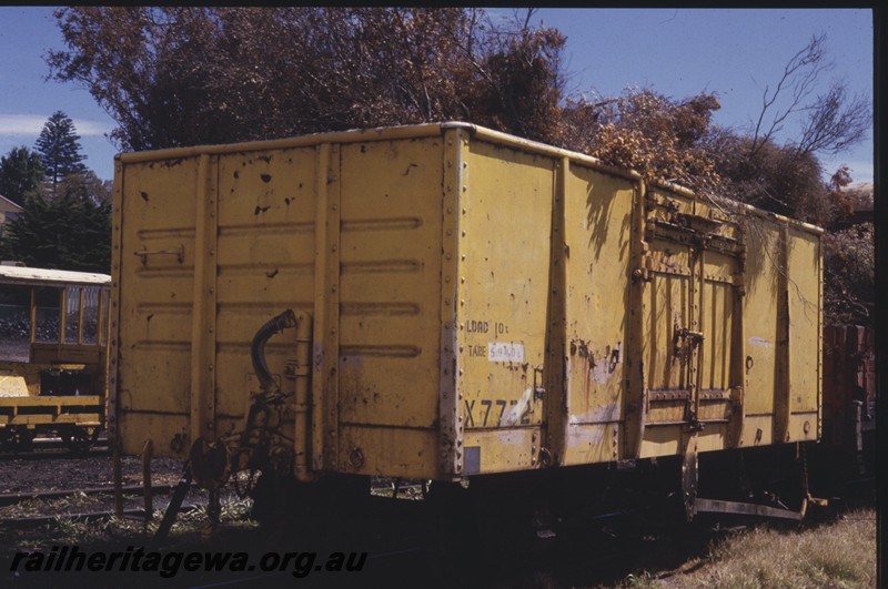 P13786
X class 7732 four wheel wagon in the ownership of the Bellarine Tourist Railway, yellow livery, end and side view
