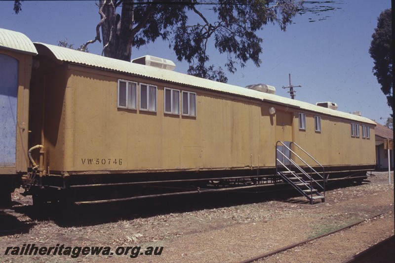 P13795
VW class 5074, ex AU 324, the ownership of the Kojonup Tourist Railway Inc., Kojonup station yard, end and side view.
