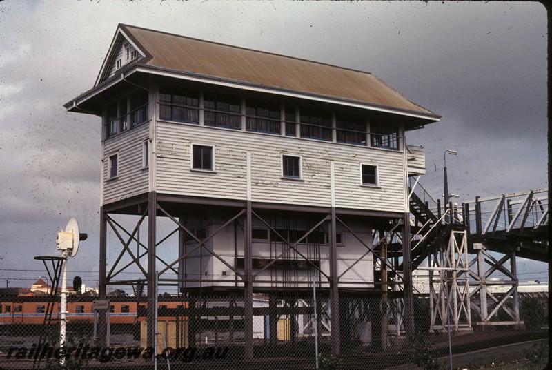 P13814
Signal box, East Perth, end and side view looking upwards.
