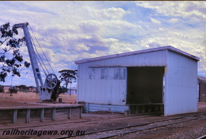 P13833
Goods Shed, loading platform, platform crane, Dumbleyung, WLG line. 
