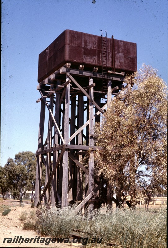 P13851
Water tower, Wongan Hills, EM line, two side view 
